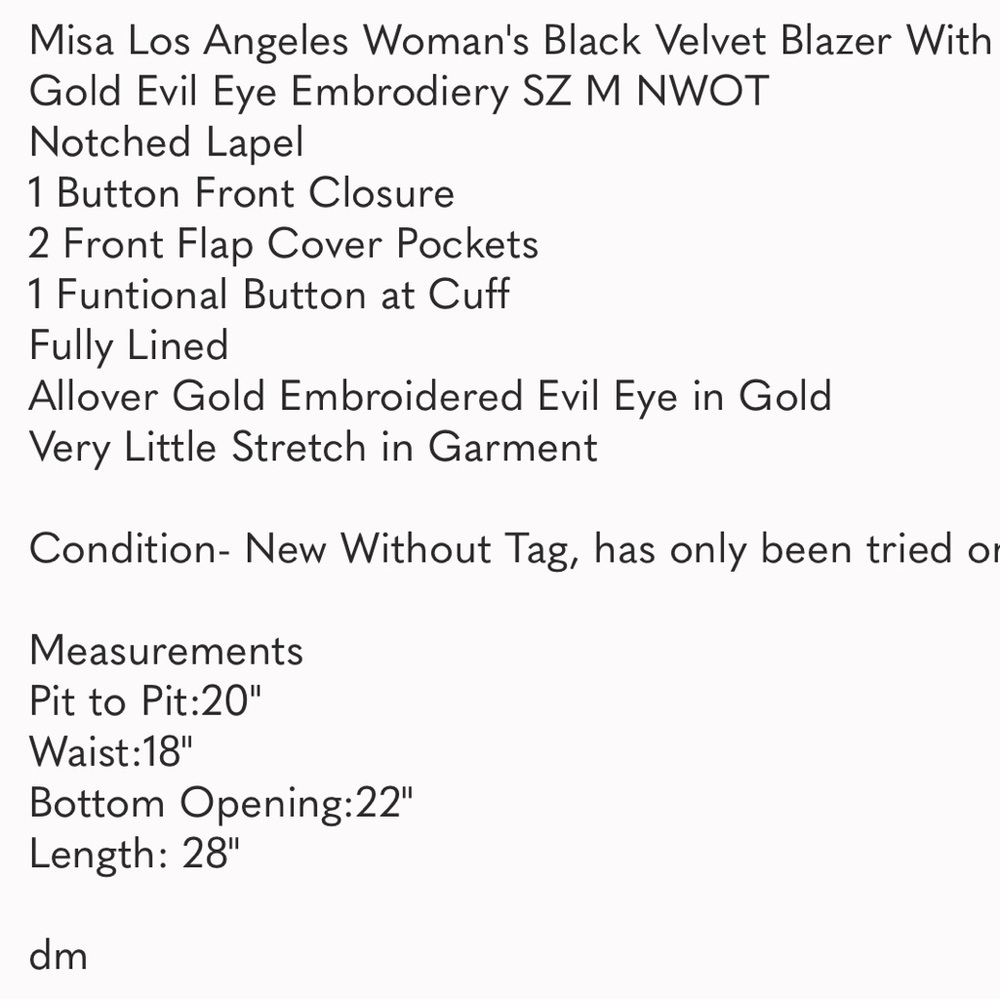 Misa Los Angeles Woman's Black Velvet Blazer With Gold Evil Eye Embrodiery SZ M - Picture 10 of 10